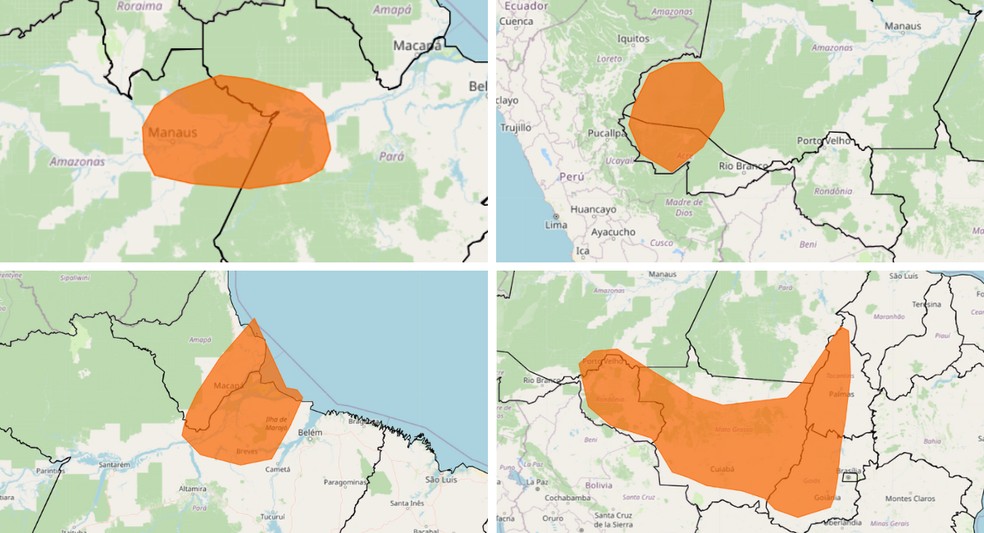 Alerta laranja de chuva intensa espalhado pelo Centro-Oeste e Norte do Brasil — Foto: Inmet
