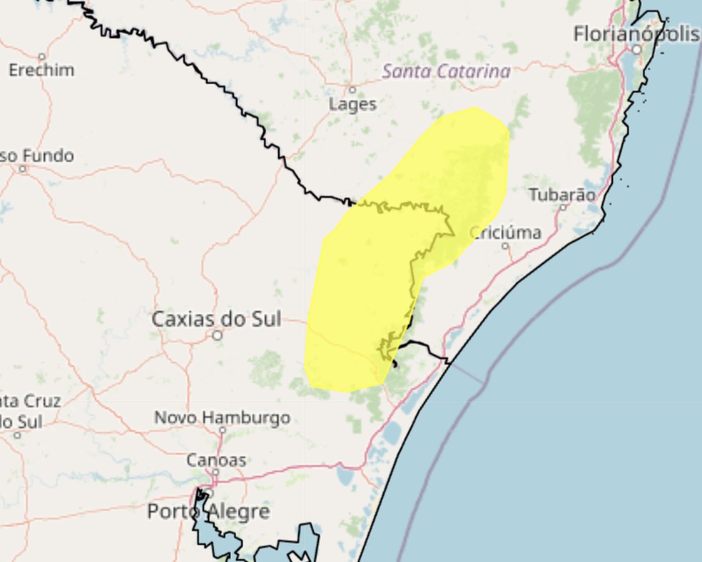 Neve podem ocorrer entre Santa Catarina e Rio Grande do Sul — Foto: Inmet