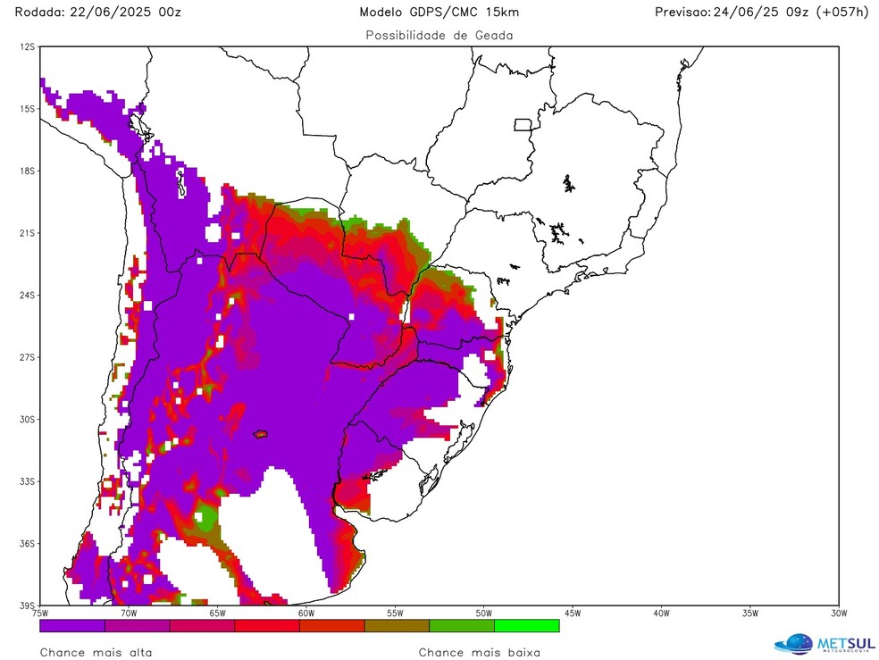 Projeção de geada para a terça-feira — Foto: MetSul
