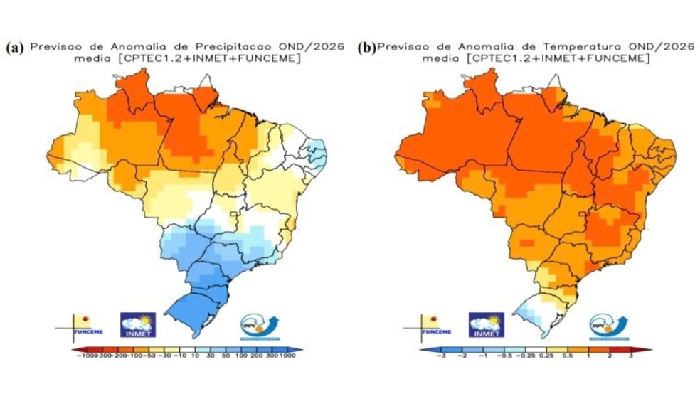 Tendência é de um Brasil dividido entre uma faixa mais chuvosa e outra mais seca — Foto: Reprodução/Inmet