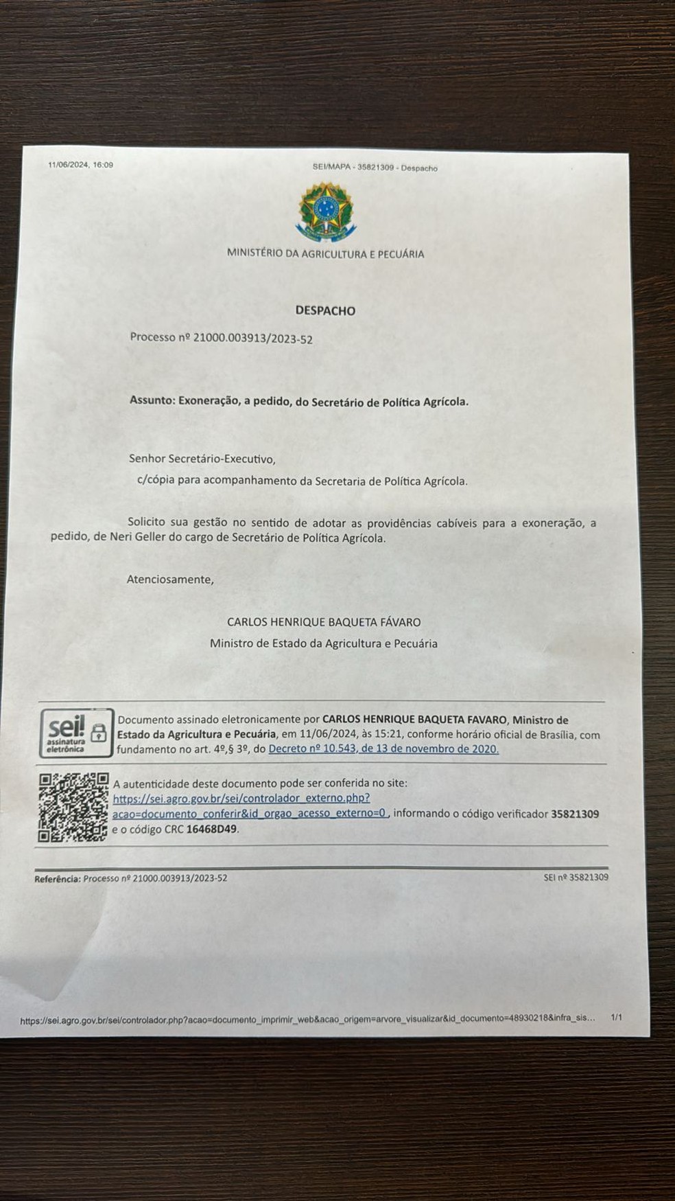 Comunicado da exoneração de Neri Geller — Foto: Reprodução