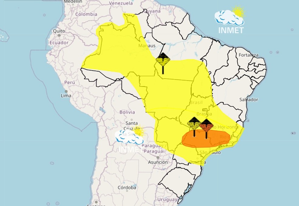 Mapa mostra regiões sob alerta amarelo (perigo potencial) e laranja (perigo) no Brasil — Foto: Inmet