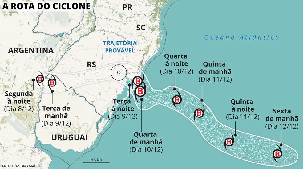 Veja a rota do ciclone — Foto: MetSul