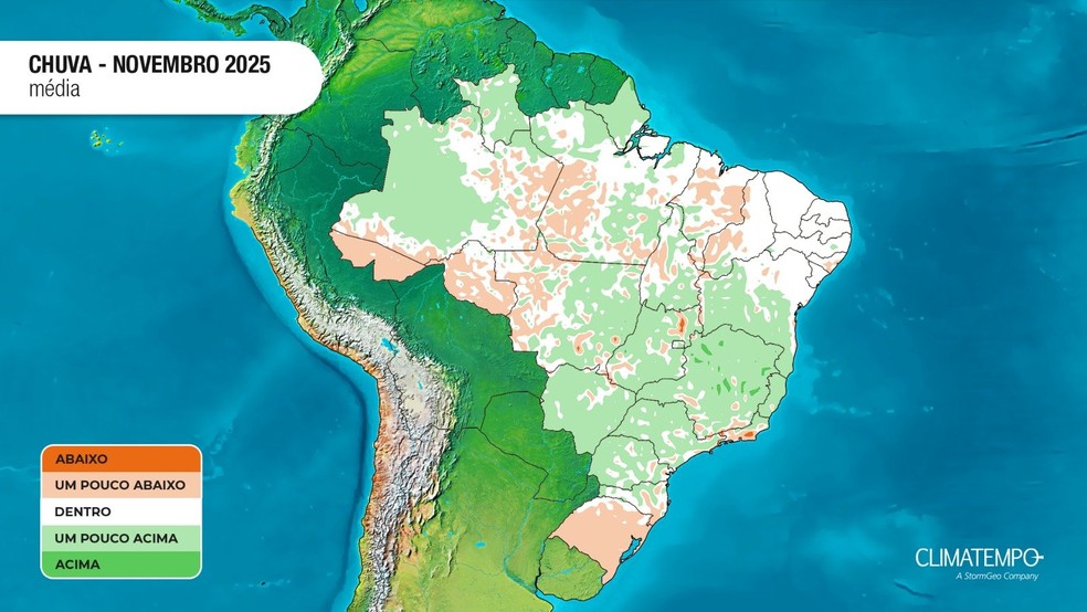 Grande parte do país terão chuvas acima da média em novembro — Foto: Climatempo