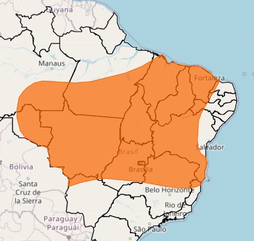 Alerta laranja emitido para o centro-norte do Brasil — Foto: Inmet