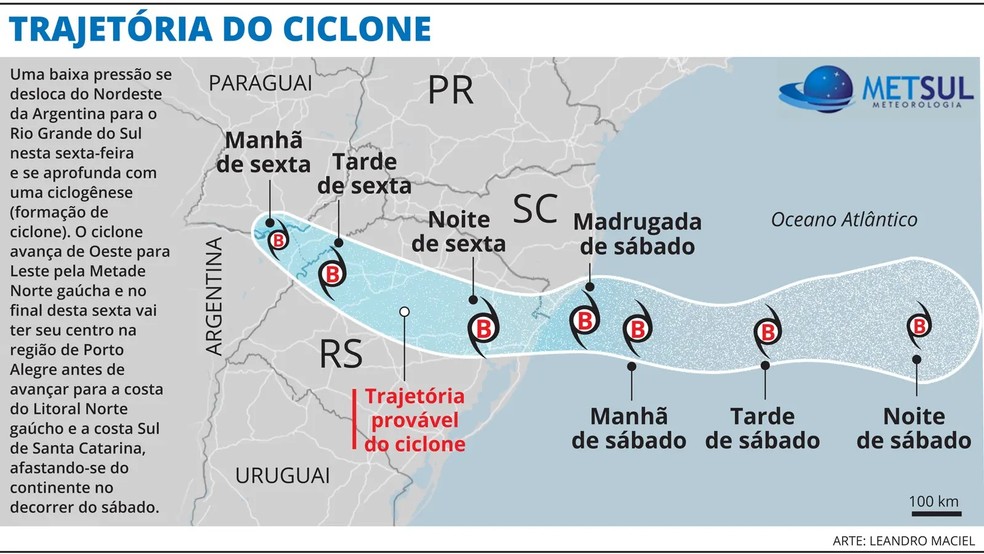 Veja o caminho do ciclone — Foto: MetSul