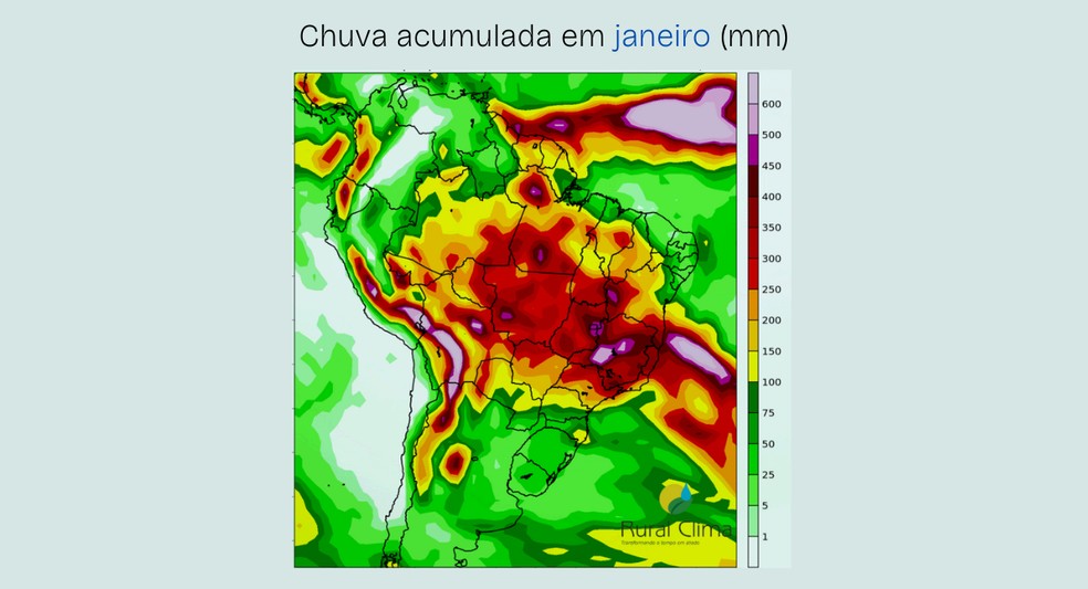 Chuva acumulada em janeiro no Brasil — Foto: Rural Clima