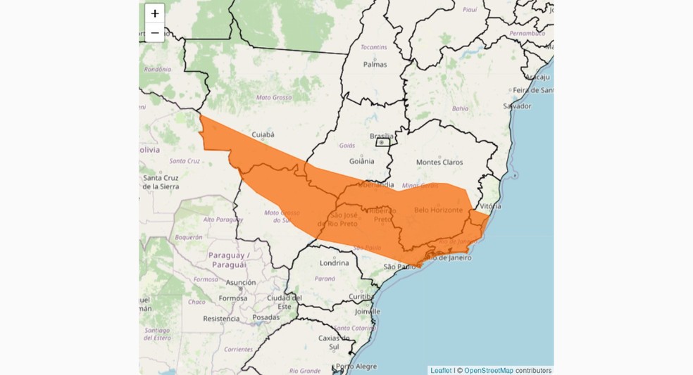 Alerta laranja de chuvas intensas previstas para toda faixa central do país — Foto: Inmet