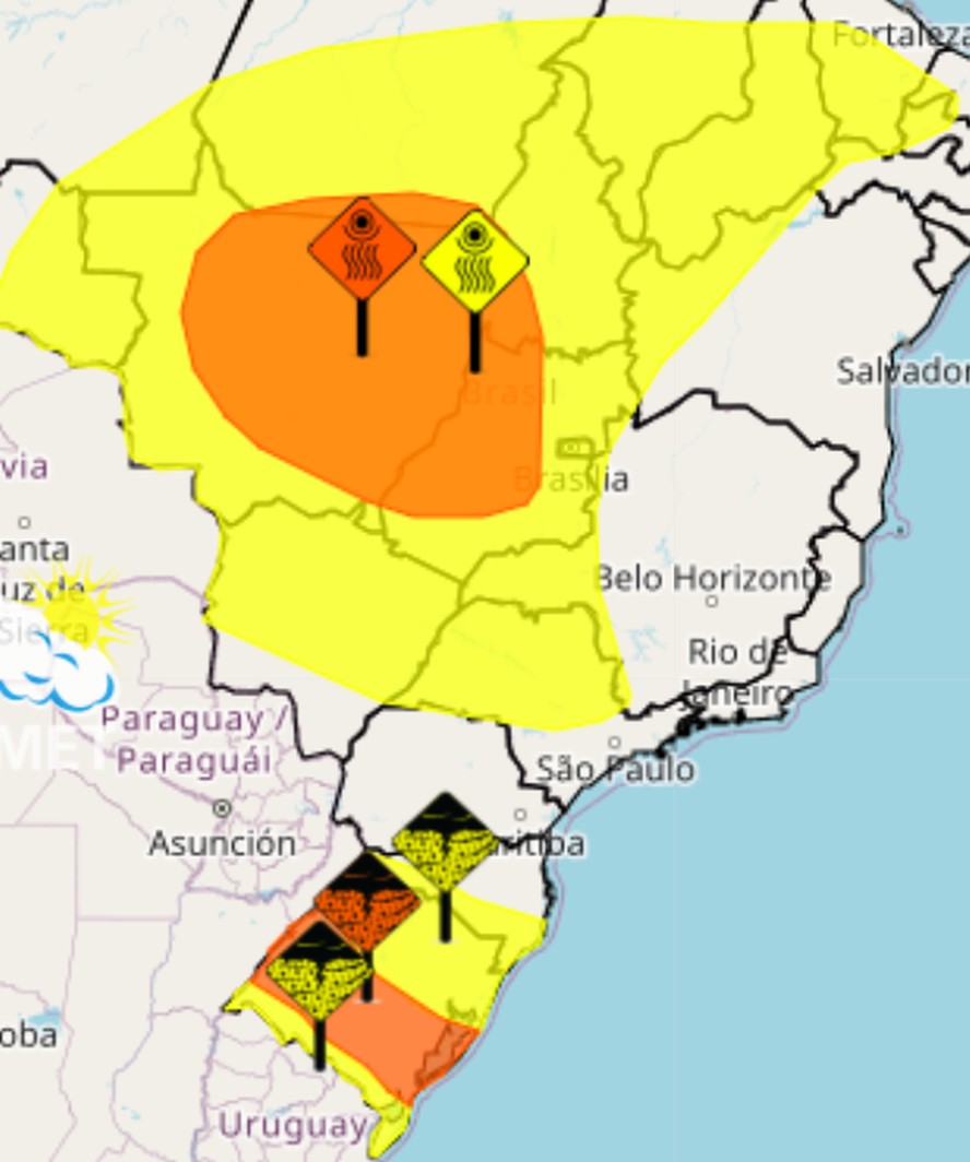 No Sul do Brasil, alertas de chuvas enquanto, nas demais regiões, há alerta para baixa umidade