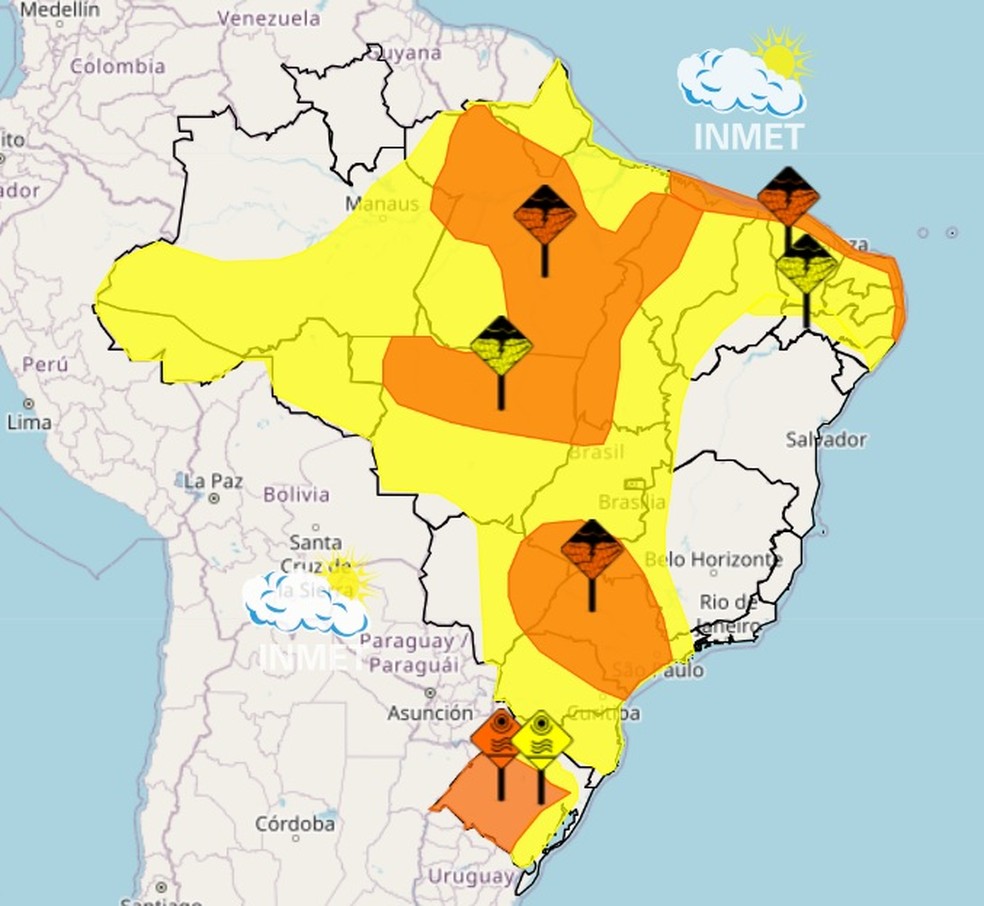 Áreas de 16 Estados do país estão em atenção com aviso laranja de perigo para chuvas intensas  — Foto: Inmet/Reprodução