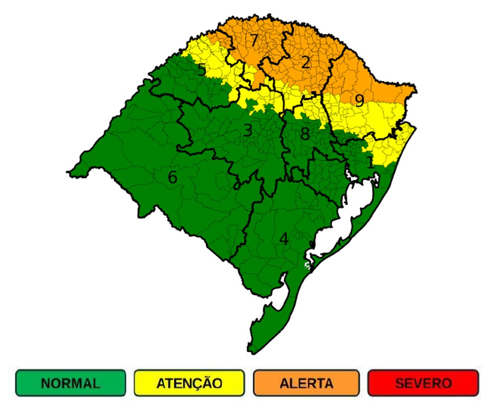 Mapa mostra onde deve se concentrar a chuva forte no Rio Grande do Sul na segunda-feira (13/5) — Foto: Defesa Civil do RS