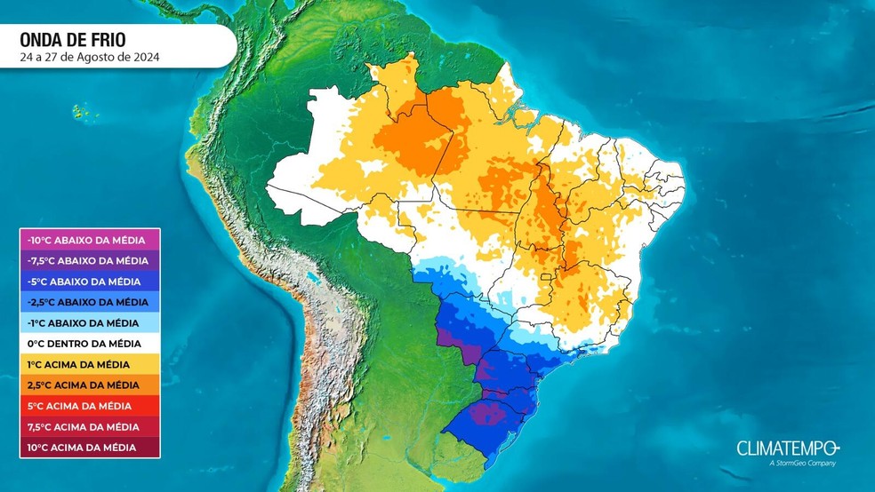 Mapa de onda de frio entre 24 e 27 de agosto — Foto: Climatempo