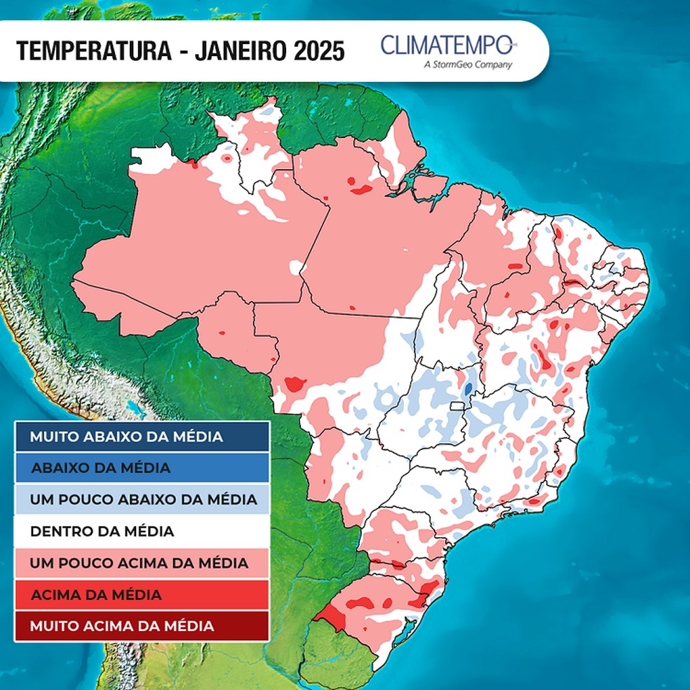Mapa mostra como devem ficar as temperaturas em janeiro — Foto: Climatempo