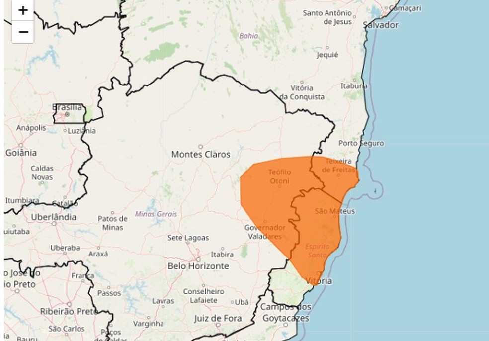 Alerta laranja de chuva para o litoral do Espírito Santo e Bahia — Foto: INMET/Reprodução