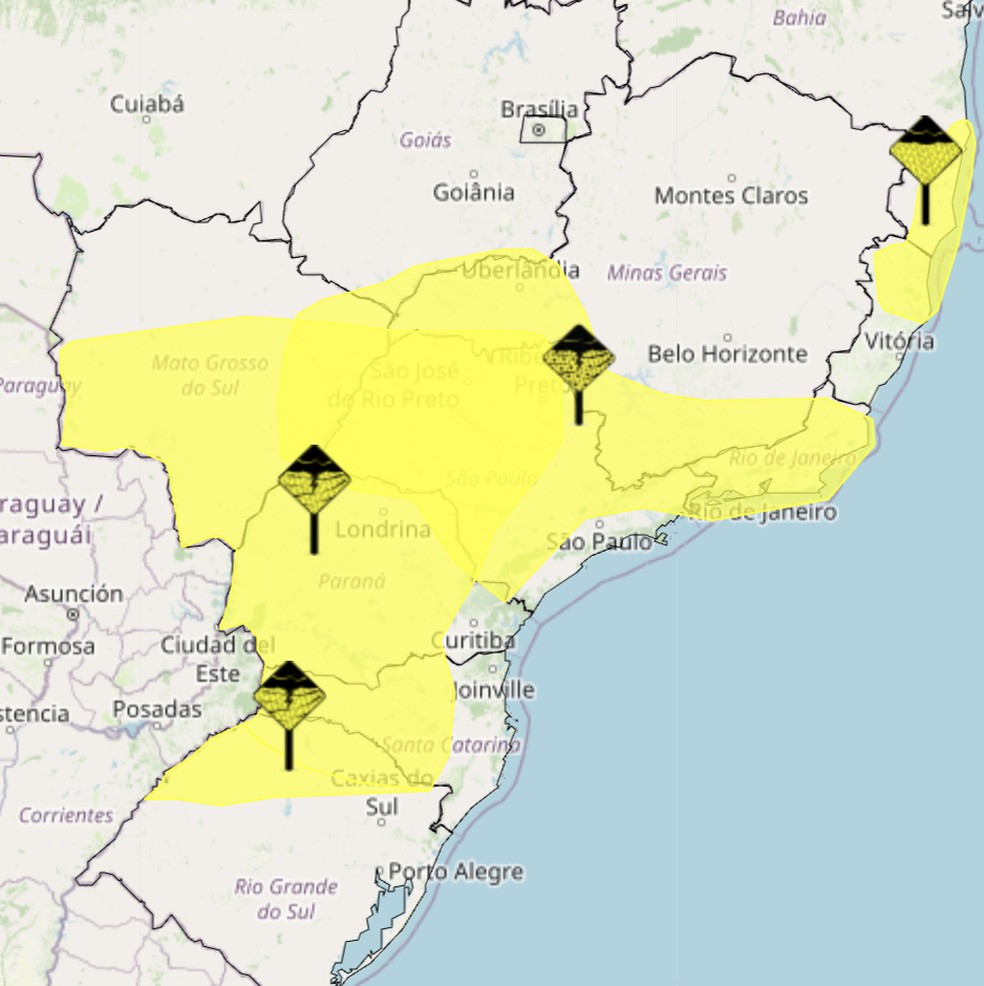 Região em amarelo deve receber até 50 mm de chuvas — Foto: Inmet