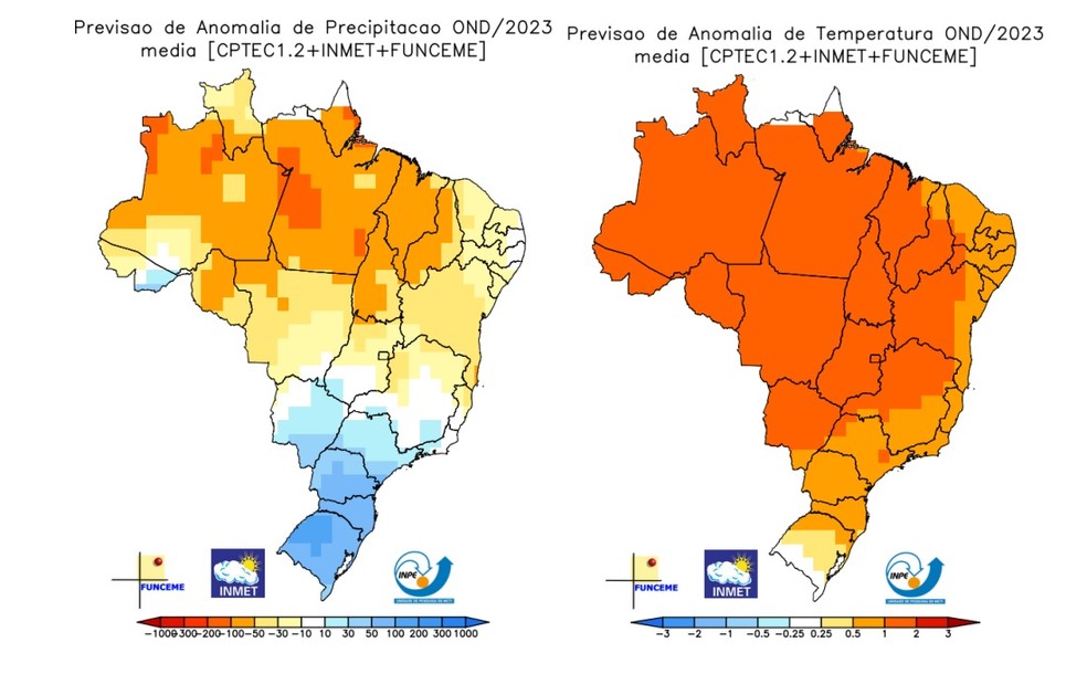 Previsão de anomalias de chuvas (e) e de temperaturas entre outubro e dezembro no Brasil — Foto: Inmet-Reprodução