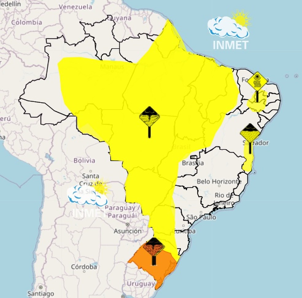 Mapa mostra alertas do Inmet para o Brasil — Foto: Inmet