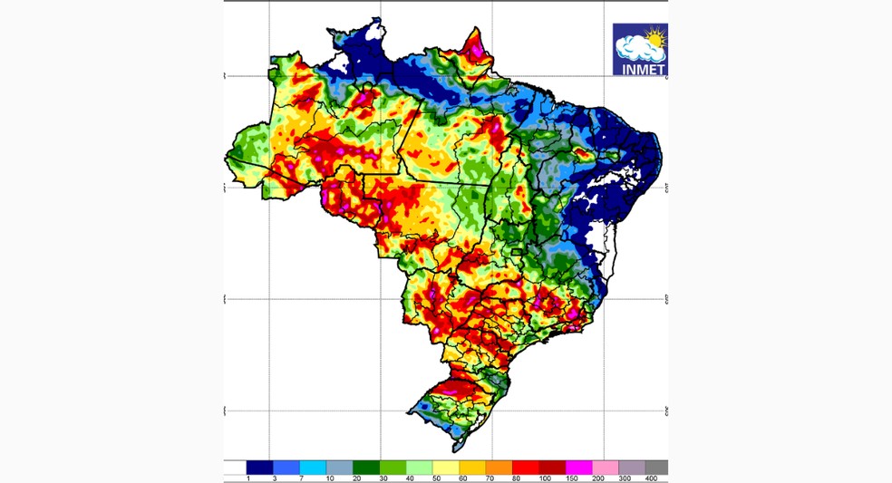 Acumulado de chuva entre os dias 2 e 9 de dezembro — Foto: Inmet