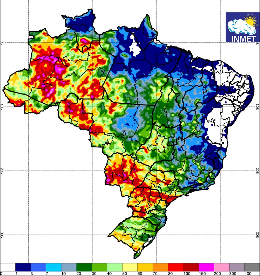 Prognóstico de chuva no Brasil entre os dias 20 e 27 de novembro
