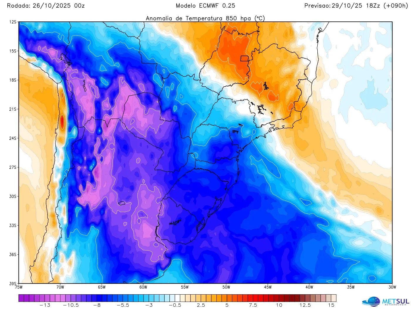 Frente fria provocará chuvas e queda de temperaturas nesta semana