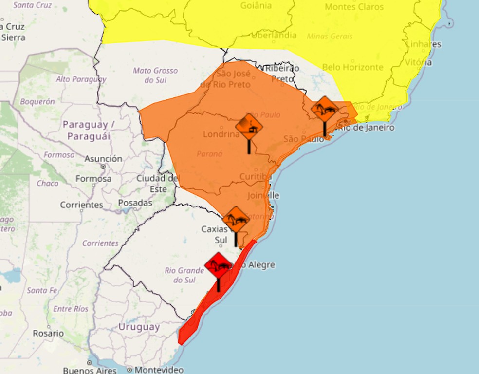 Alertas de perigo para fortes ventos no centro-sul do Brasil — Foto: INMET