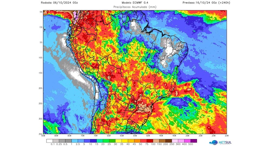 Previsão de chuva acumulada em dez dias no Brasil