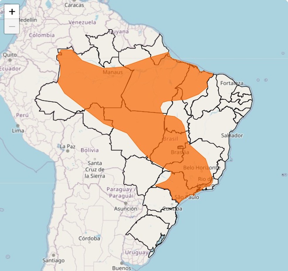 Alerta laranja para grande parte do Brasil nesta quinta-feira — Foto: INMET/Reprodução