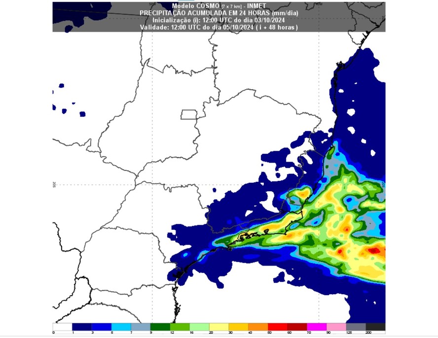Imagens de satélite do Inmet mostram a precipitação acumulada em 48h no Sudeste