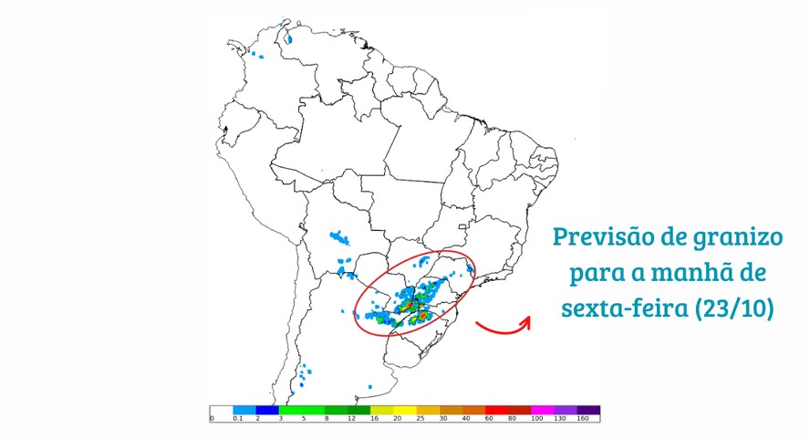 Previsão de ocorrência de granizo para a manhã de sexta-feira (23)