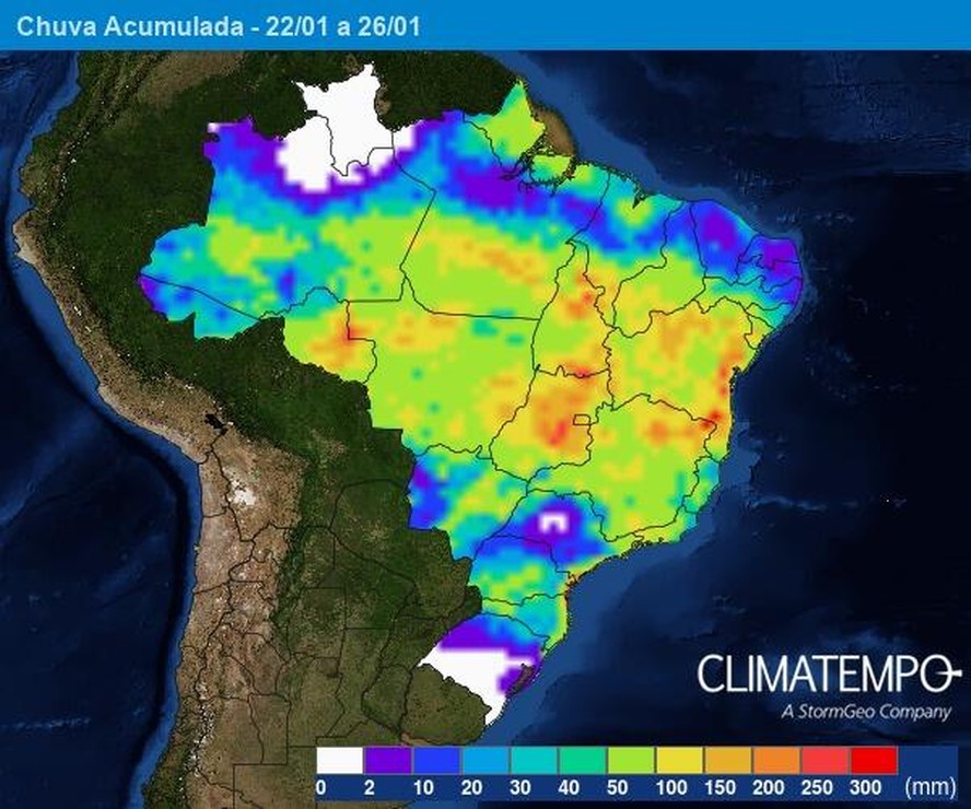 Mapa de chuva acumulada no Brasil até dia 26/1