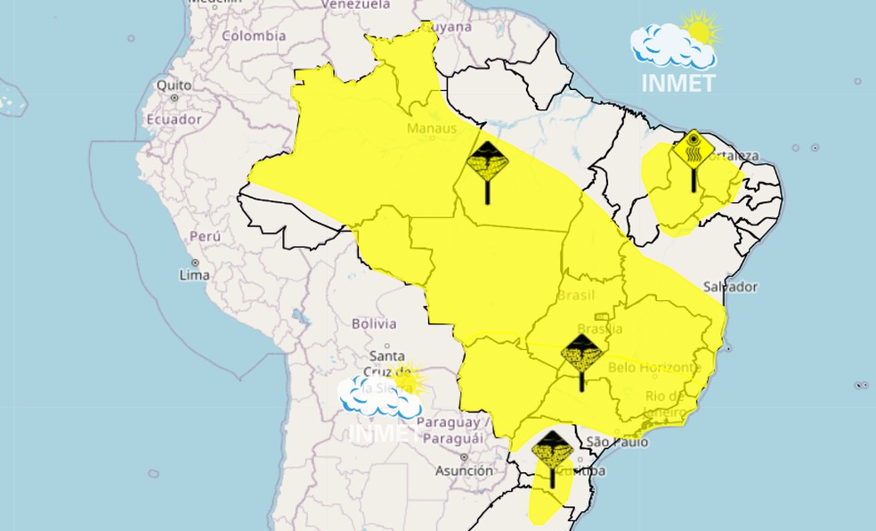 Veja os alertas amarelos ativos nesta terça-feira — Foto: Inmet