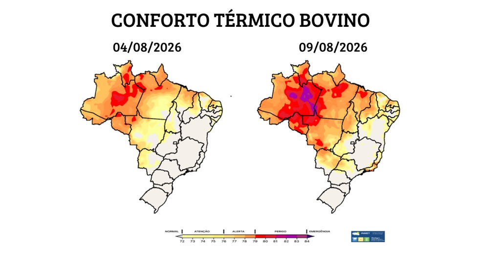 Evolução prevista do Índice de Temperatura e Umidade (ITU) entre os dias 04 e 09 de agosto de 2026 — Foto: SISDAGRO/INMET