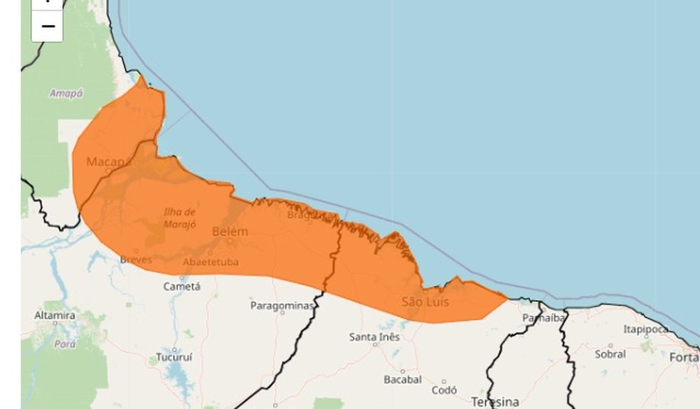 Alerta laranja de chuva para a costa norte do Nordeste — Foto: Inmet/Reprodução