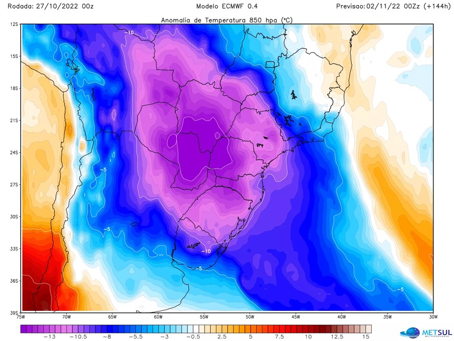 Mapa indica como a Oscilação Antártica deve provocar quedas de temperatura no Centro-Sul do Brasil