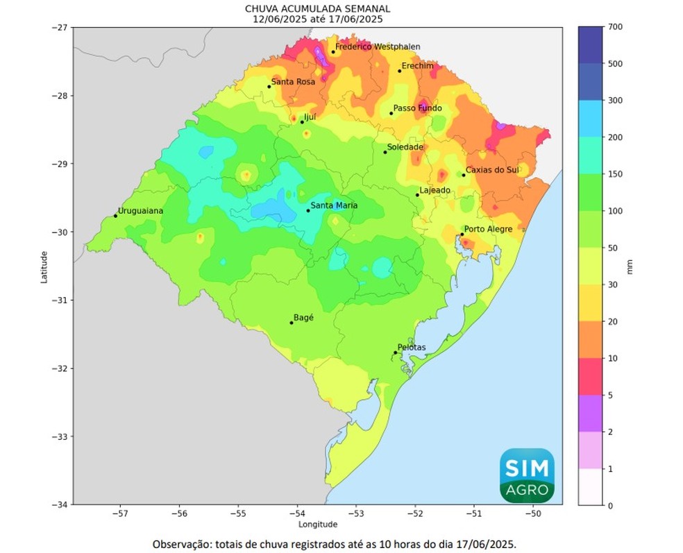 Chuva acumulada entre dias 12 e 17 de junho — Foto: EMATER/RS