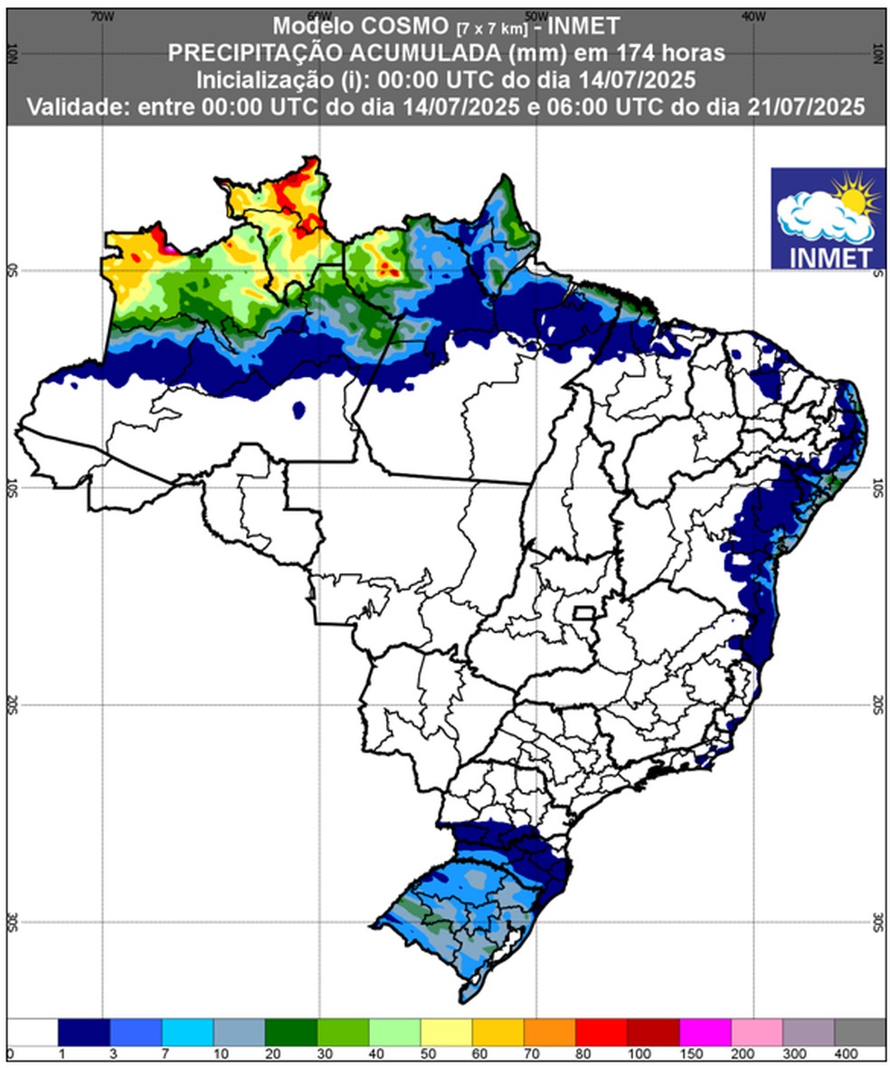 Previsão de chuva acumulada (14 a 21 de julho de 2025) — Foto: Inmet
