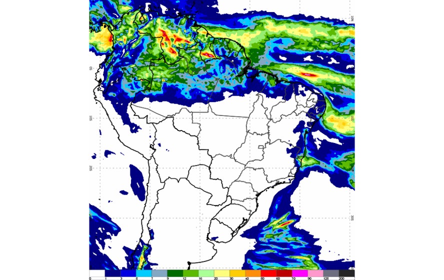 Chuva acumulada para as próximas 24 horas no Brasil mostra que deve chover apenas nos extremos do país