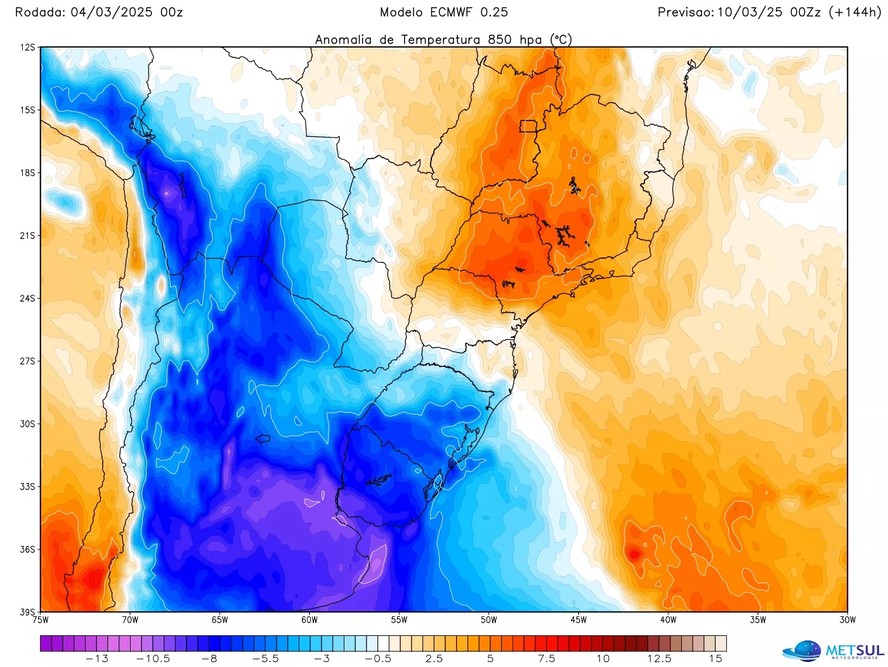 Mapa mostra a chegada da frente fria pelo Rio Grande do Sul, prevista para o fim de semana