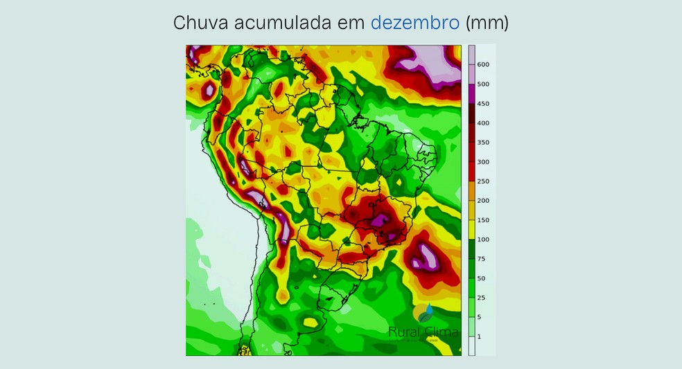 Chuva acumulada em dezembro no Brasil — Foto: Rural Clima
