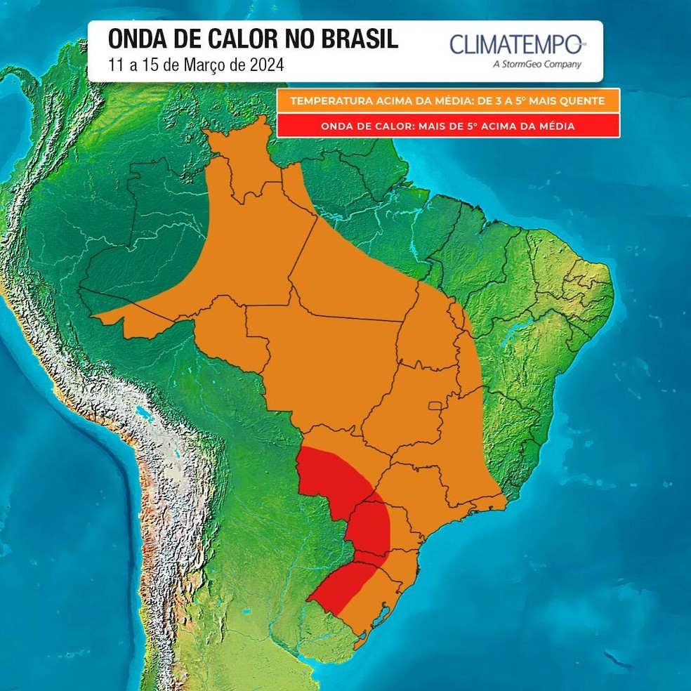 Atuação da onda de calor no Brasil entre 11 e 15 de março de 2024 — Foto: Climatempo / Reprodução