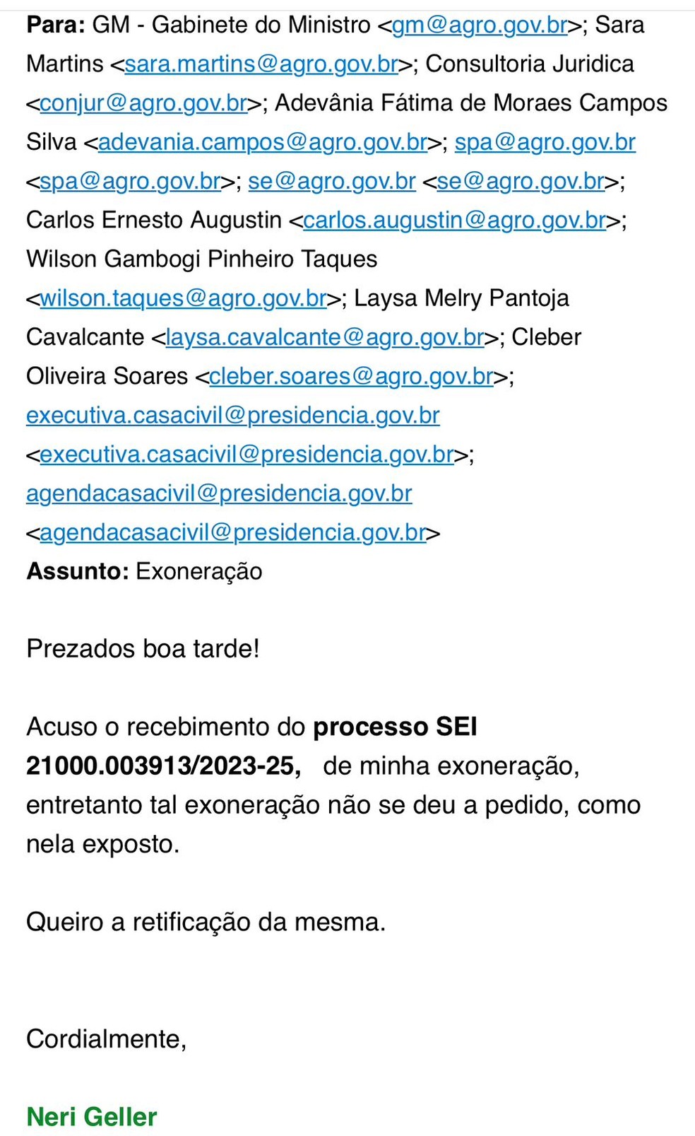 Resposta de Neri Geller por email — Foto: Reprodução