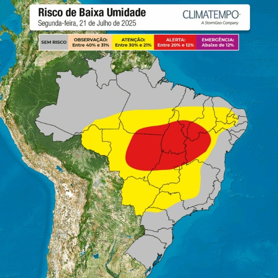 Mapa da Climatempo indica que áreas do interior do Brasil estão em estado de alerta devido à baixa umidade do ar
