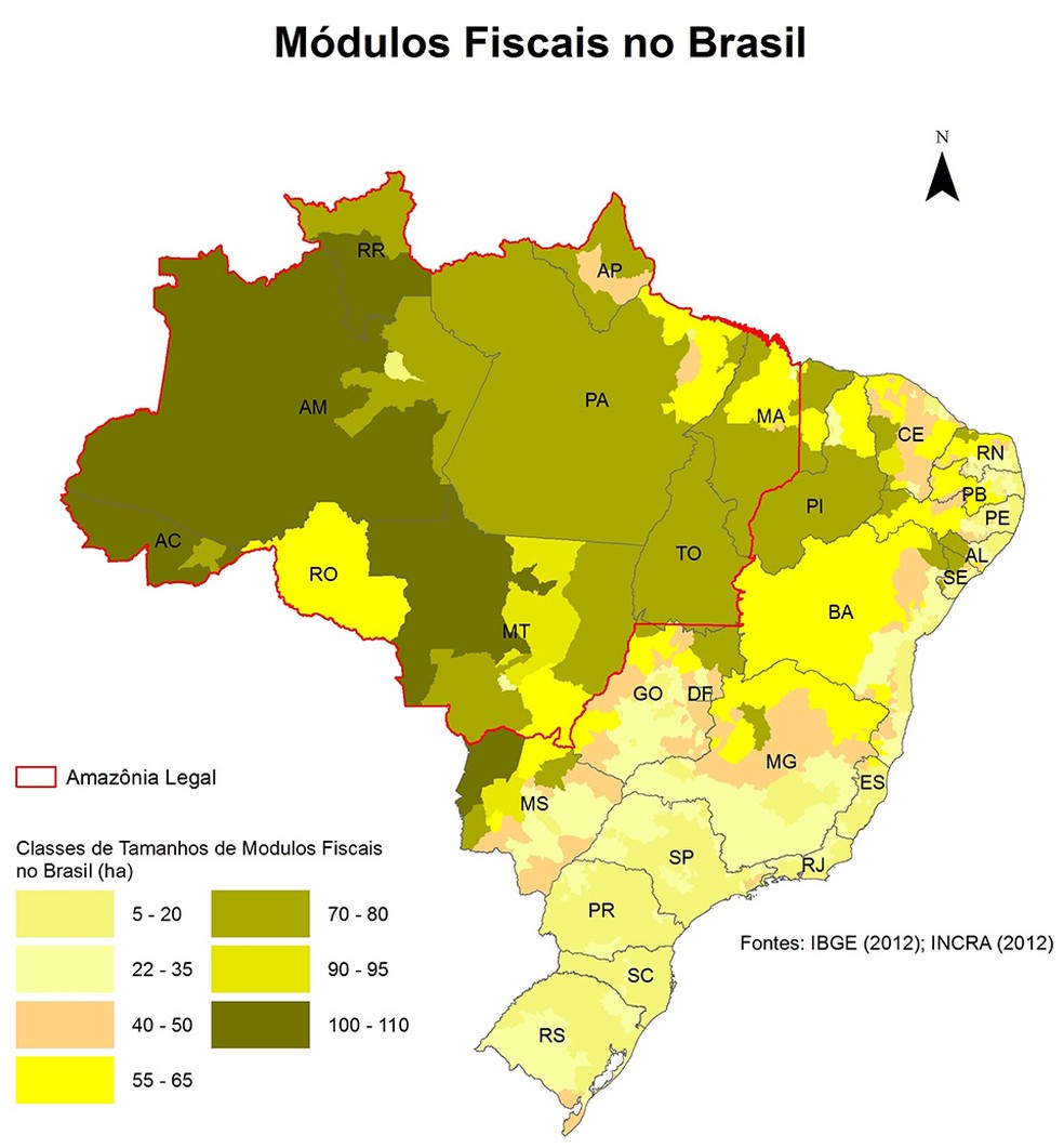 Módulos Fiscais definem tamanhos de propriedades que podem ser consideradas de Agricultura Familiar de acordo com a região — Foto: Fonte: Embrapa com base nos dados do IBGE (2012) e Incra (2012)