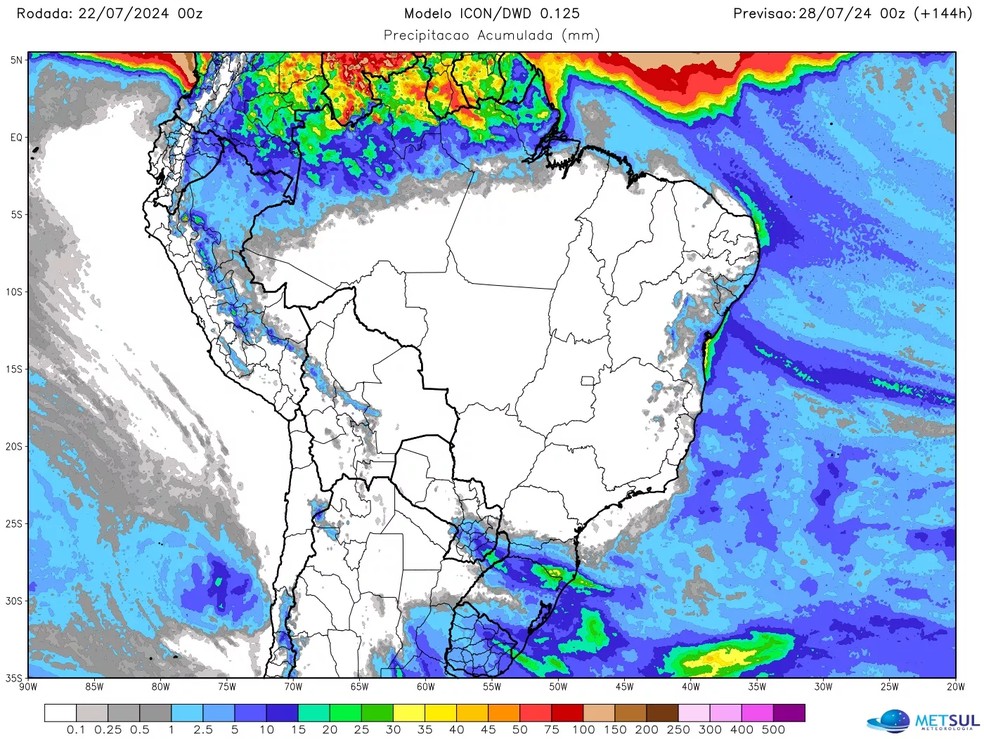 Projeção de chuva para esta semana do modelo meteorológico Icon — Foto: MetSul Meteorologia