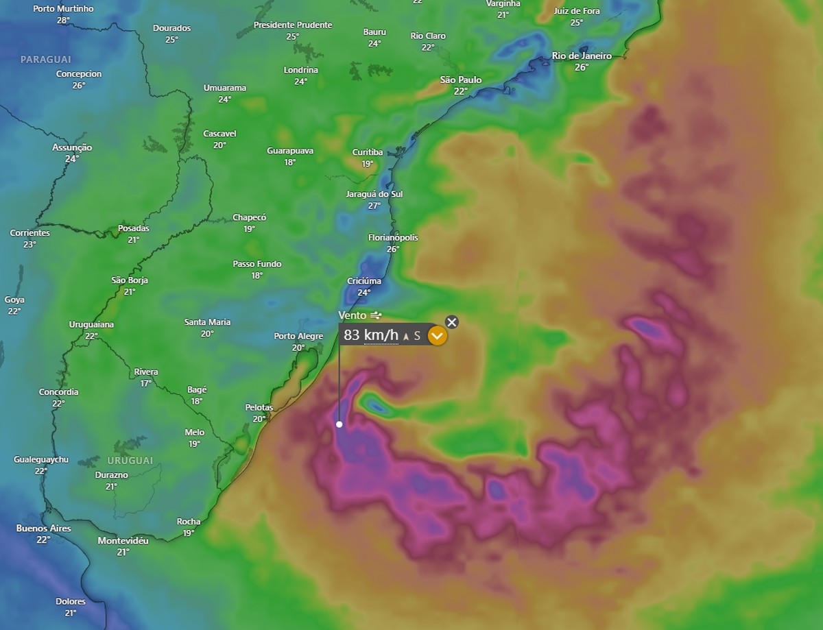 Ciclone no oceano intensifica ventos no Sul e Sudeste nesta quarta-feira