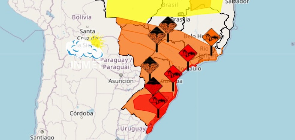 Oito alertas de tempestades e ventos costeiros estão ativos no portal do Inmet — Foto: INMET