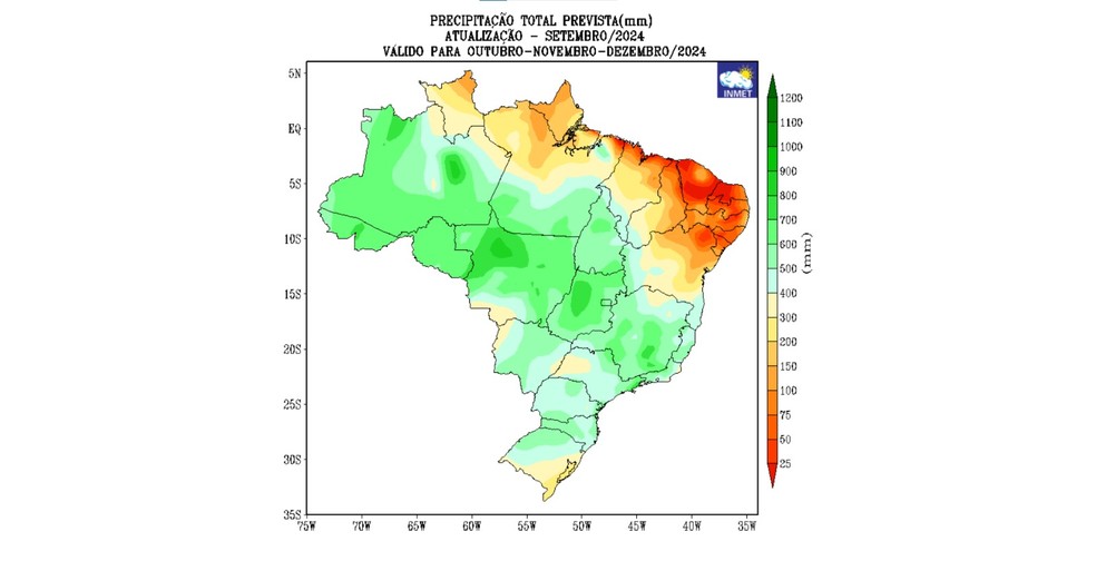 Precipitação total prevista para o trimestre (outubro, novembro e dezembro) no Brasil — Foto: Inmet
