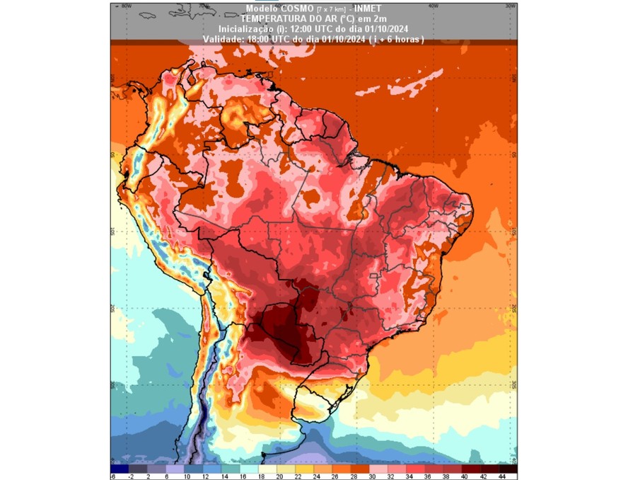 Satélite do Inmet mostra temperaturas acima dos 40ºC de temperatura nesta terça-feira, com tendência de manutenção