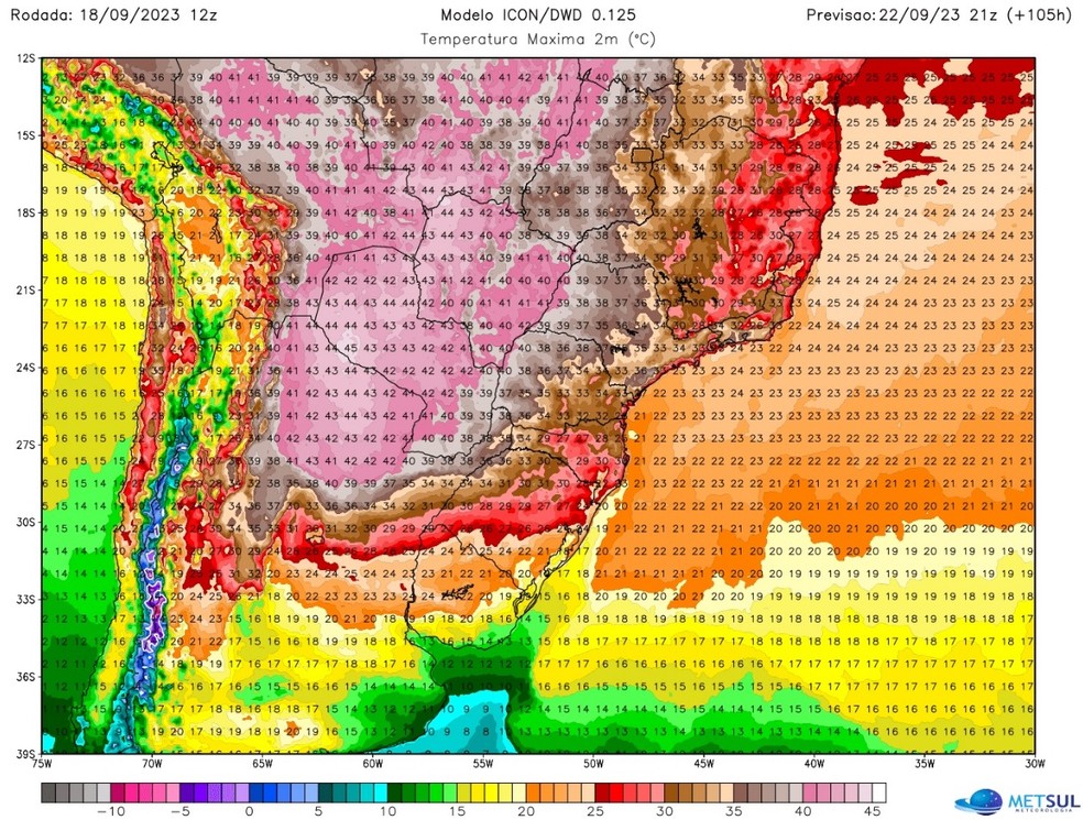 Modelo indica marcas generalizadas acima de 40ºC no Centro-Oeste na sexta, mas o pior do calor no Centro do Brasil será no fim de semana — Foto: MetSul/Reprodução