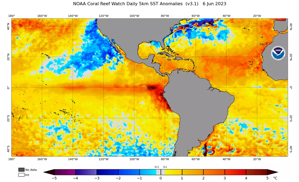 Mapa mostra como o El Niño altera as temperaturas do Oceano Pacífico — Foto: NOAA/Via MetSul